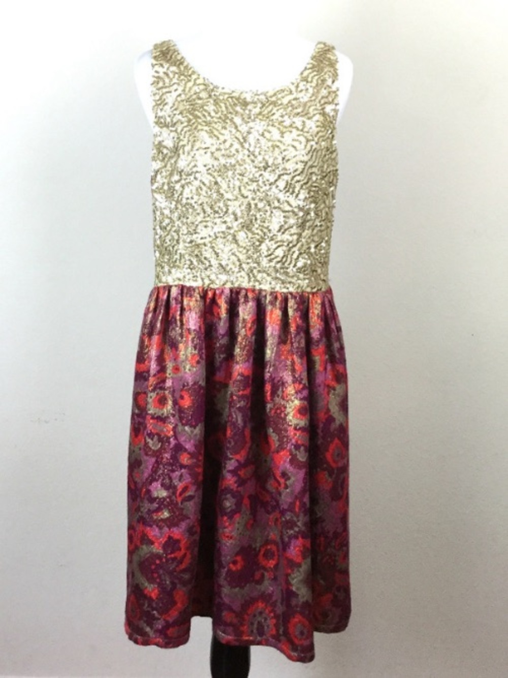 Wren for Anthropologie Sequin Bodice with Red and Pink Patterned Skirt Dress
